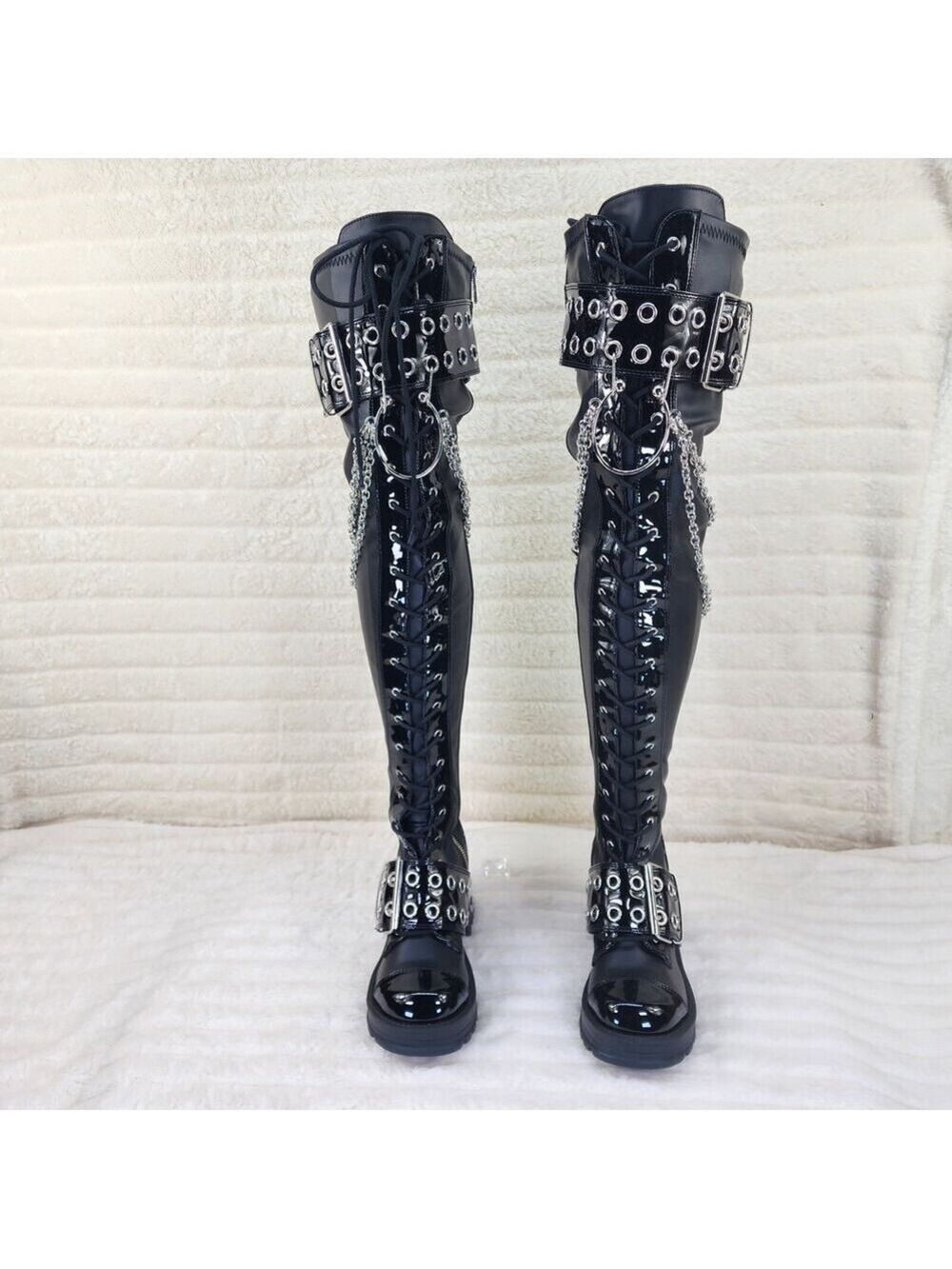 NIB Bratty 304 Zipper Strap Buckle Biker Goth Punk Lace Up Thigh Boots In House